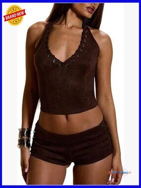 Y2K Halter Top Sleeveless Deep V Neck Open Back Crop Tank Top